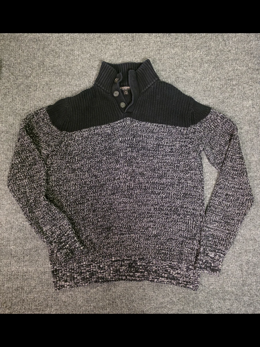 Banana Republic Mens Medium Black Marled Colorblock Button Mock Neck Sweater
